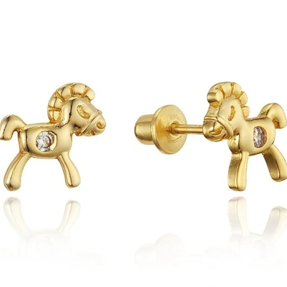 14k Gold Plated Horse CZ Baby Girls Stud Earrings